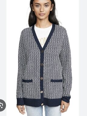 Tory Burch Gemini Link Jacquard Navy and White Logo-Print V-Neck Cardigan SZ.XL